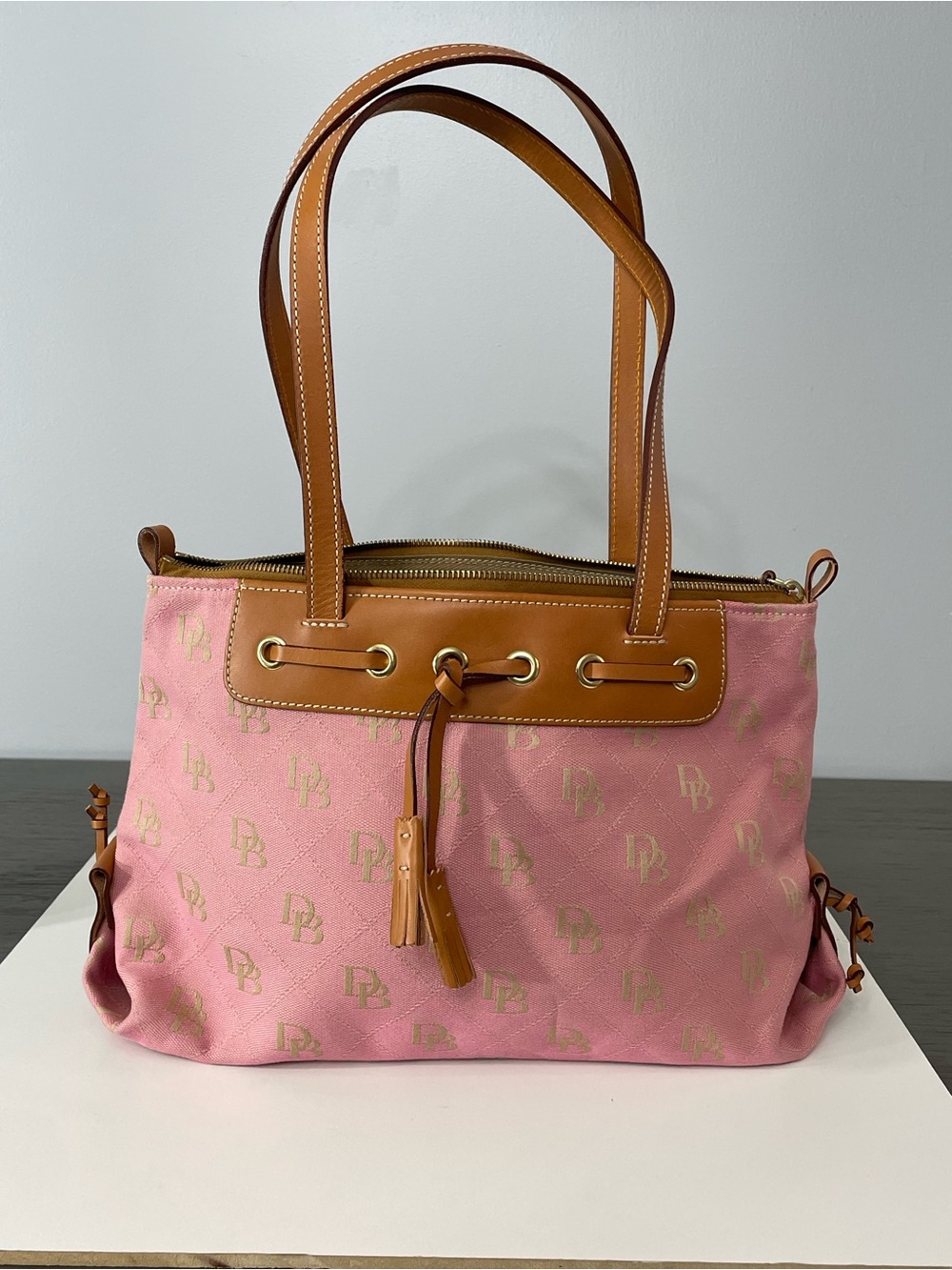 Dooney & Bourke Pink Canvas Tote with Tan Leather Trim and Gold Hardware